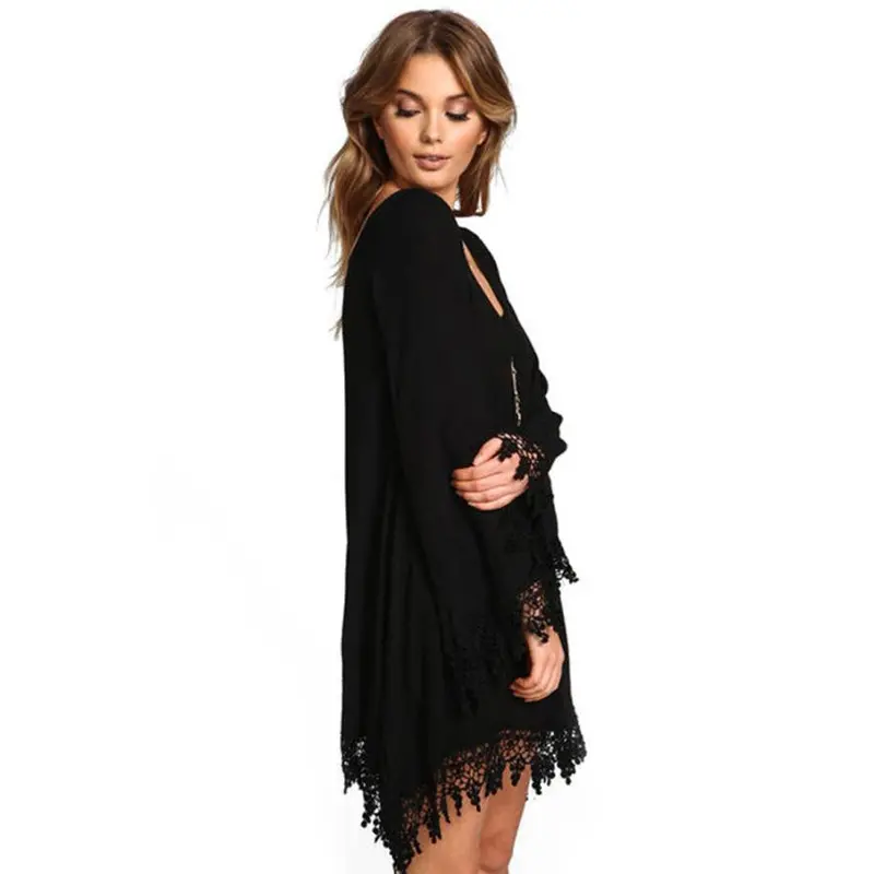 Asymmetric Clothing O-Neck Casual Women Black Long Sleeve Tassels Loose Mini Dress 2