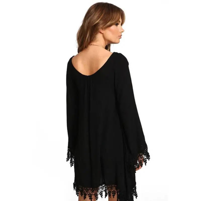 Asymmetric Clothing O-Neck Casual Women Black Long Sleeve Tassels Loose Mini Dress 3