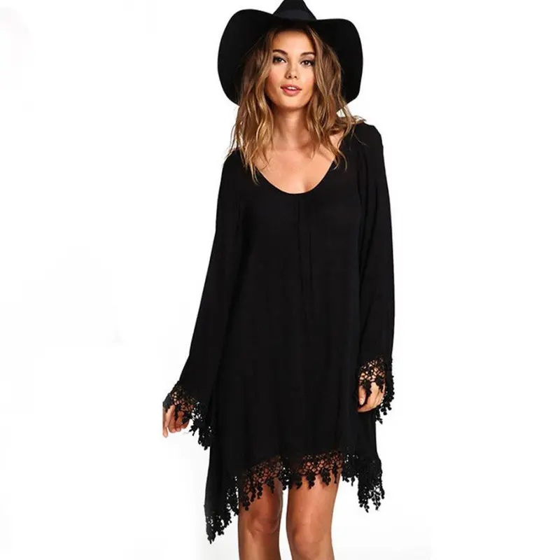 Asymmetric Clothing O-Neck Casual Women Black Long Sleeve Tassels Loose Mini Dress 4