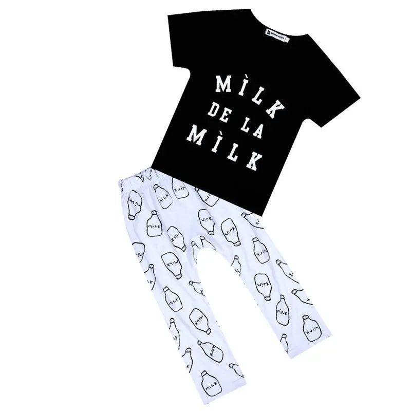 Baby Boy Clothes White Milk Letter Baby Girl Clothing Short Sleeve T Shirt + Long Pants Born Clothes Infant 1