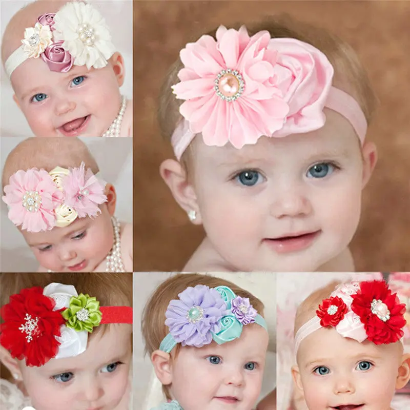Baby Girl Christmas Gifts Rote Satin Rose Flower Headb Shabby Chic Vintage Headb Rhinestone Pearl Button 1