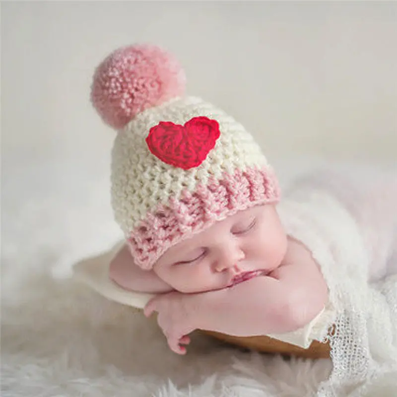 Baby Hat Crochet Custom Made Love Heart Baby Girl Hat Born Pography Props Cap Hat Pink 1