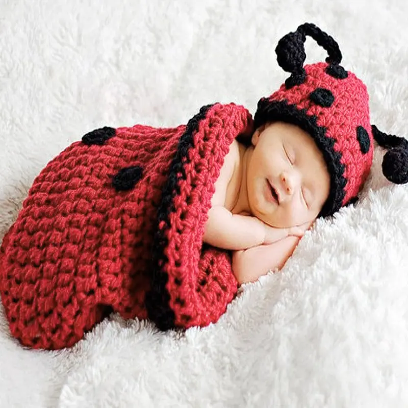 Baby Pography Props Born Infant Sleeping Bag Crochet Ladybug Hat Cover Hmade Animal Beanie Cape Red 1
