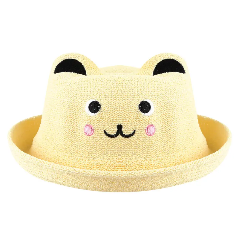 Baby Straw Hats Soild Beach Lovely Girls Boys Sun Hat Solid Children Floppy Cartoon Bear Hat Caps 1