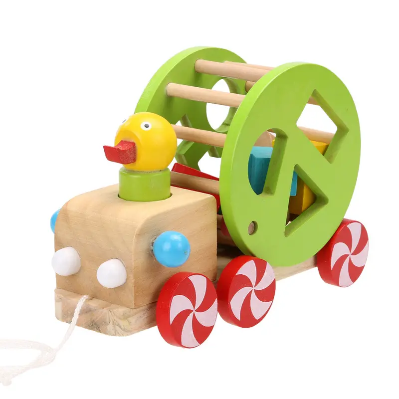 Baby Wooden Toys For Children Kids Cart Duckling Pull Along Cart Building Block Toy 1