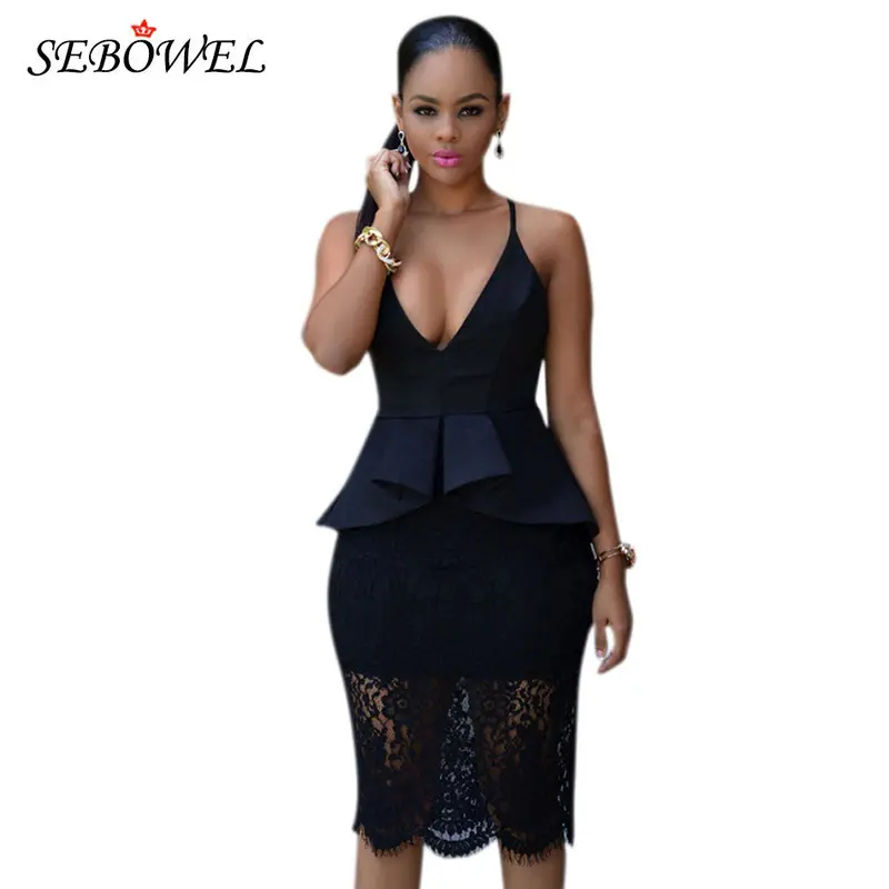 Back Crossover Sleeveless Black Peplum Dress See Through Knee Length Partchwork Floral Lace Dress Robe Moulante Sexy Vestidos 5