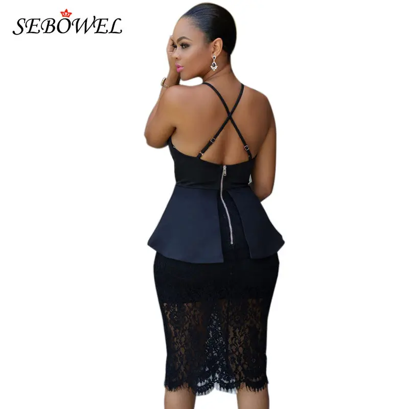 Back Crossover Sleeveless Black Peplum Dress See Through Knee Length Partchwork Floral Lace Dress Robe Moulante Sexy Vestidos 6