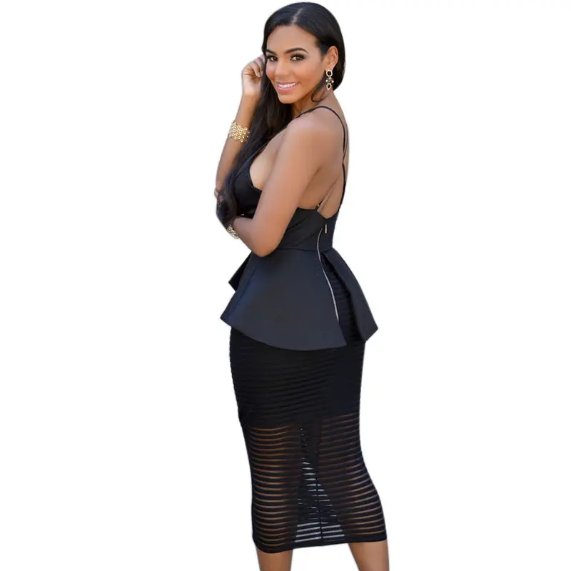Back Crossover Sleeveless Black Peplum Dress See Through Knee Length Partchwork Floral Lace Dress Robe Moulante Sexy Vestidos 9