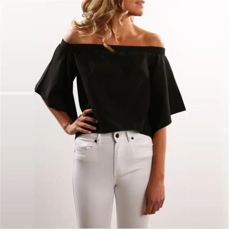 Back Open Off Shoulder Women Blouses And Shirts Sexy Slash Neck Chiffon Blouse Irregular Shirts Women Solid Color 1