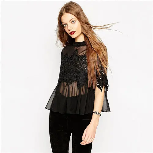 Back Open Sexy Blouses For Women Black White Embroidery Lace Blouse Tops Half Sleeve Patchwork Chiffon Blouses And Shirts 1