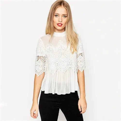 Back Open Sexy Blouses For Women Black White Embroidery Lace Blouse Tops Half Sleeve Patchwork Chiffon Blouses And Shirts 5