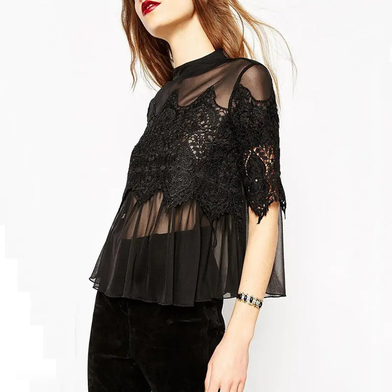 Back Open Sexy Blouses For Women Black White Embroidery Lace Blouse Tops Half Sleeve Patchwork Chiffon Blouses And Shirts 5