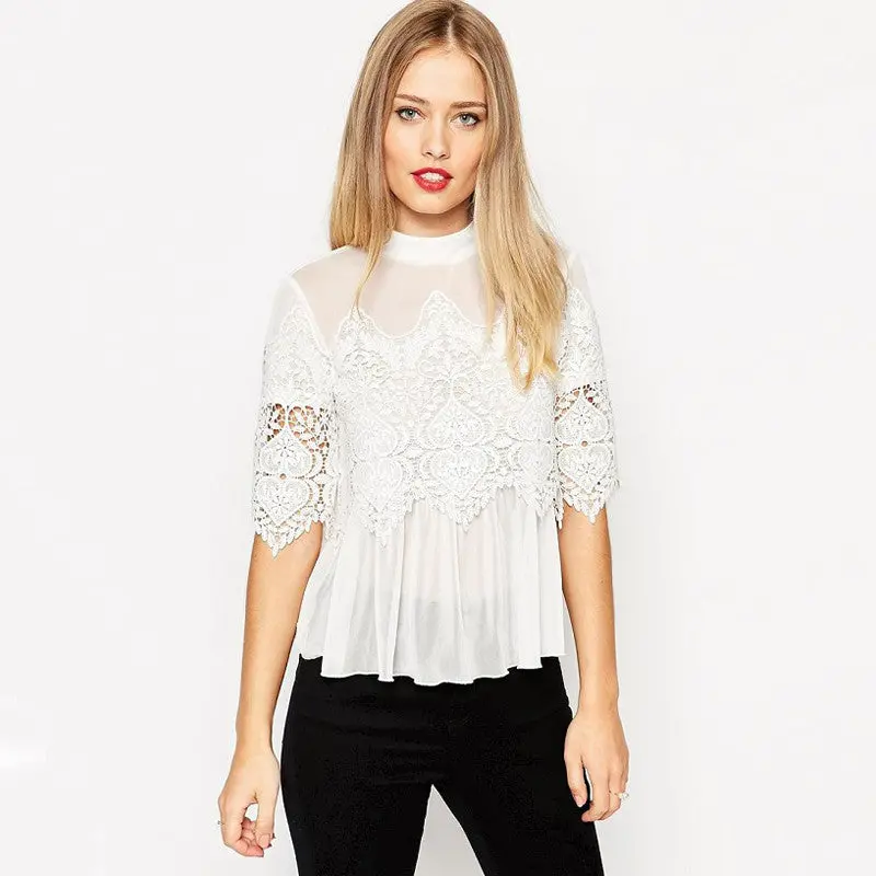 Back Open Sexy Blouses For Women Black White Embroidery Lace Blouse Tops Half Sleeve Patchwork Chiffon Blouses And Shirts 6