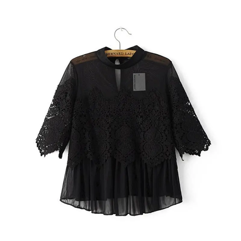 Back Open Sexy Blouses For Women Black White Embroidery Lace Blouse Tops Half Sleeve Patchwork Chiffon Blouses And Shirts 7