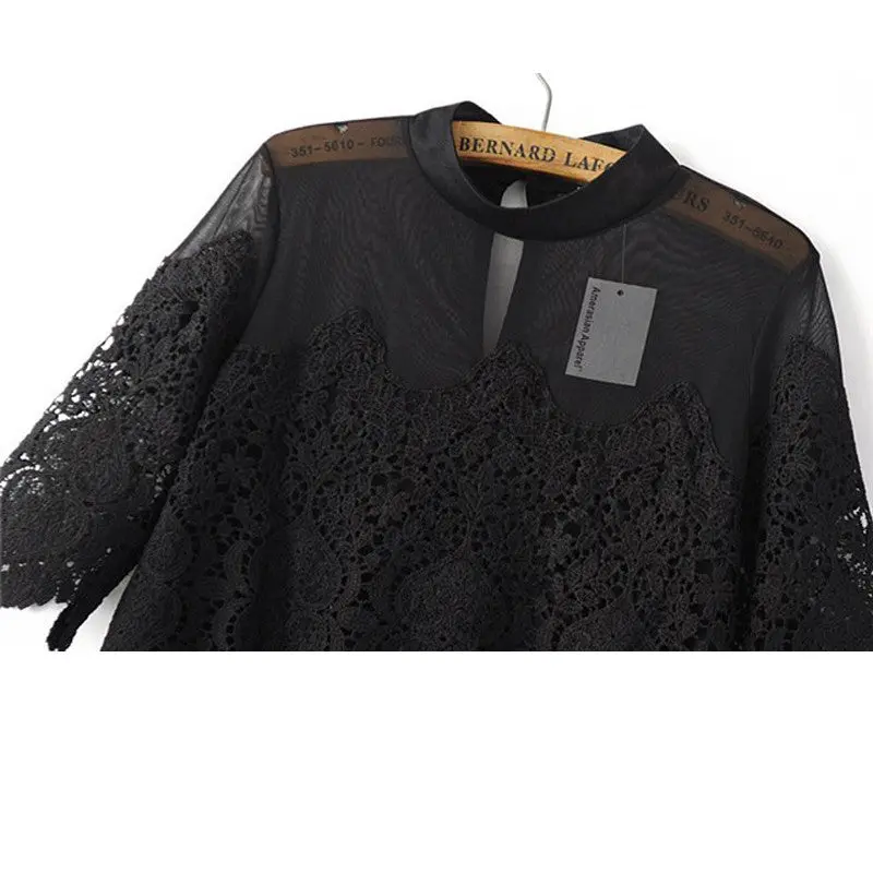 Back Open Sexy Blouses For Women Black White Embroidery Lace Blouse Tops Half Sleeve Patchwork Chiffon Blouses And Shirts 8