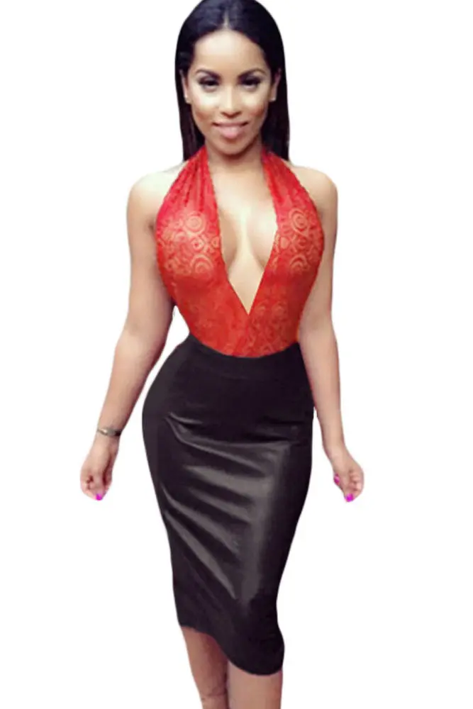 Back-Slit Halter Black Lace Top Paneled Pu Leather Dress Sexy Bodycon Dress Club Wear Deep V Neck Lace Midi Dress 4