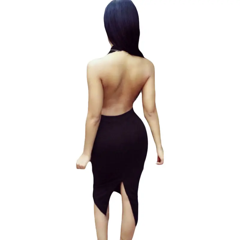 Back-Slit Halter Black Lace Top Paneled Pu Leather Dress Sexy Bodycon Dress Club Wear Deep V Neck Lace Midi Dress 5