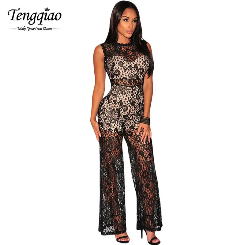 Back Zip Floral White Lace Jumpsuit Sexy Romper Sleeveless Elegant Party Wide Leg Jumpsuit Long Pant 1