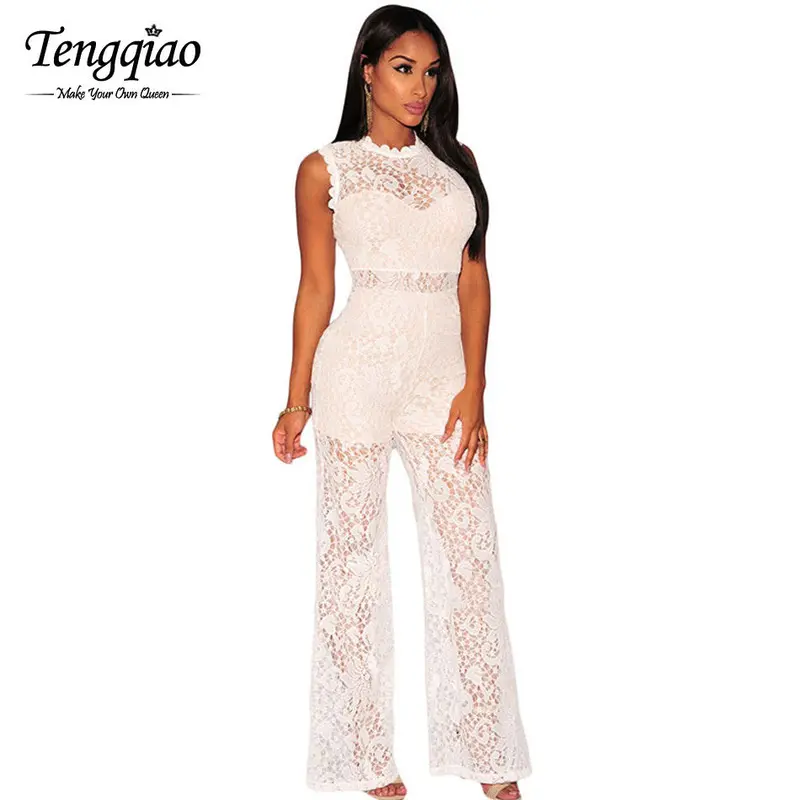 Back Zip Floral White Lace Jumpsuit Sexy Romper Sleeveless Elegant Party Wide Leg Jumpsuit Long Pant 2
