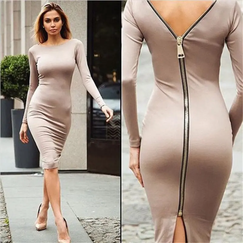 Back-Zipper Knee-Length Bodycon Dress – Elegant Long-Sleeve Sheath Dress for Fall Nights