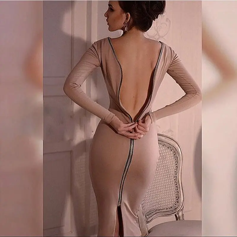 Back-Zipper Midi Bodycon Dress – Sleek O-Neck Party Dress for Curvy Women (M0005)