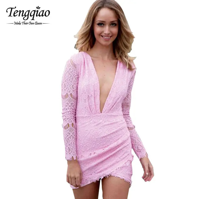 Back Zipper Sexy Mini Dresses Tight Deep V Neck Lace Long Sleeve Dress Party Night Club Short Long Sleeve Sexy Dress 2