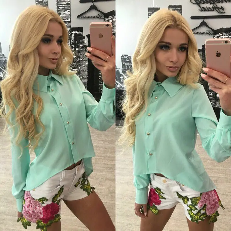 Back Zipper Split Irregular Hem Women Chiffon Blouses Sexy Turn-Down Collar Long Sleeve Lady Shirts Tops M0593 1