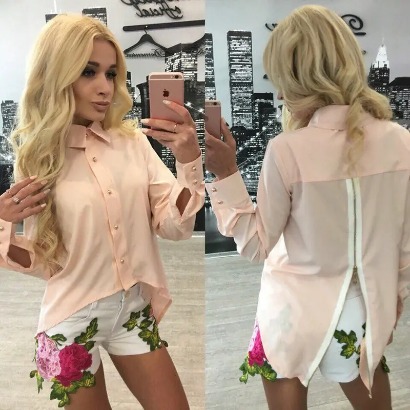 Back Zipper Split Irregular Hem Women Chiffon Blouses Sexy Turn-Down Collar Long Sleeve Lady Shirts Tops M0593 5
