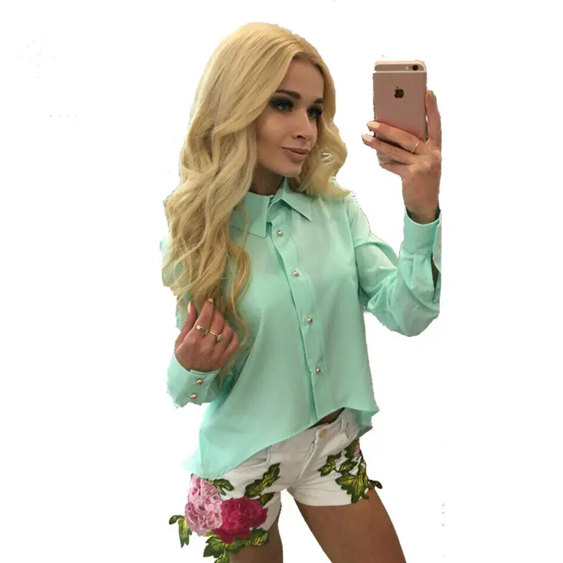 Back Zipper Split Irregular Hem Women Chiffon Blouses Sexy Turn-Down Collar Long Sleeve Lady Shirts Tops M0593 5