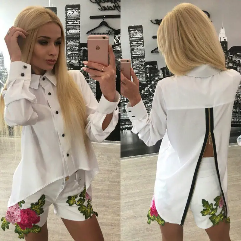 Back Zipper Split Irregular Hem Women Chiffon Blouses Sexy Turn-Down Collar Long Sleeve Lady Shirts Tops M0593 6