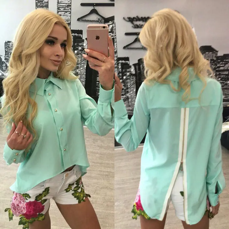 Back Zipper Split Irregular Hem Women Chiffon Blouses Sexy Turn-Down Collar Long Sleeve Lady Shirts Tops M0593 8