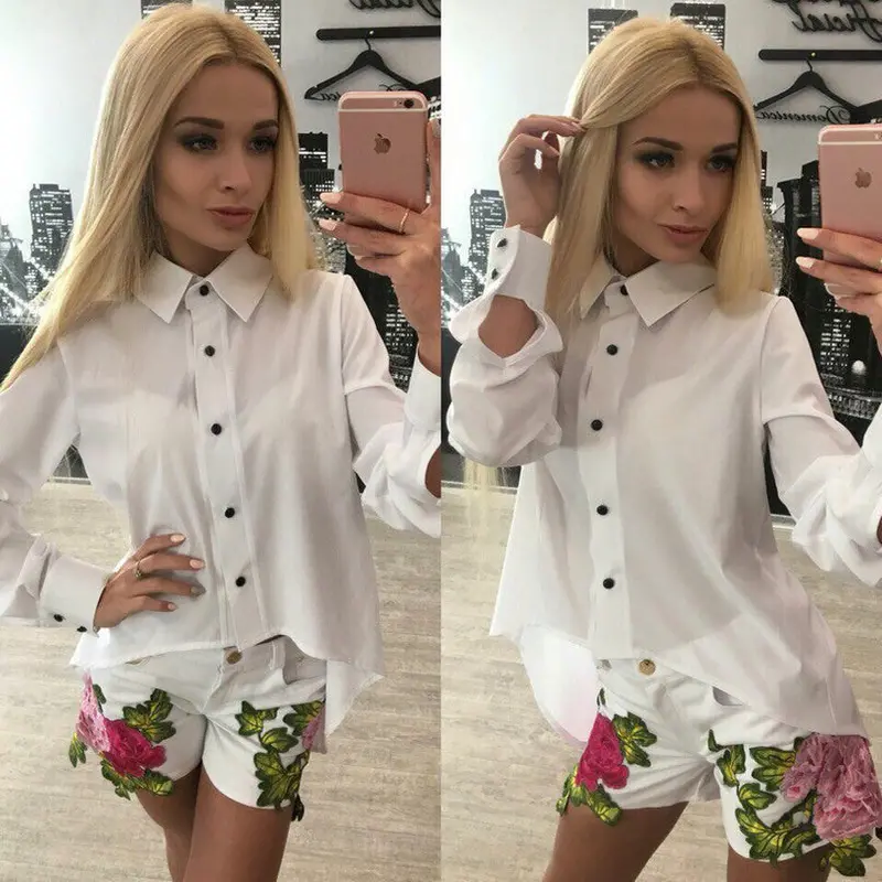 Back Zipper Split Irregular Hem Women Chiffon Blouses Sexy Turn-Down Collar Long Sleeve Lady Shirts Tops M0593 9