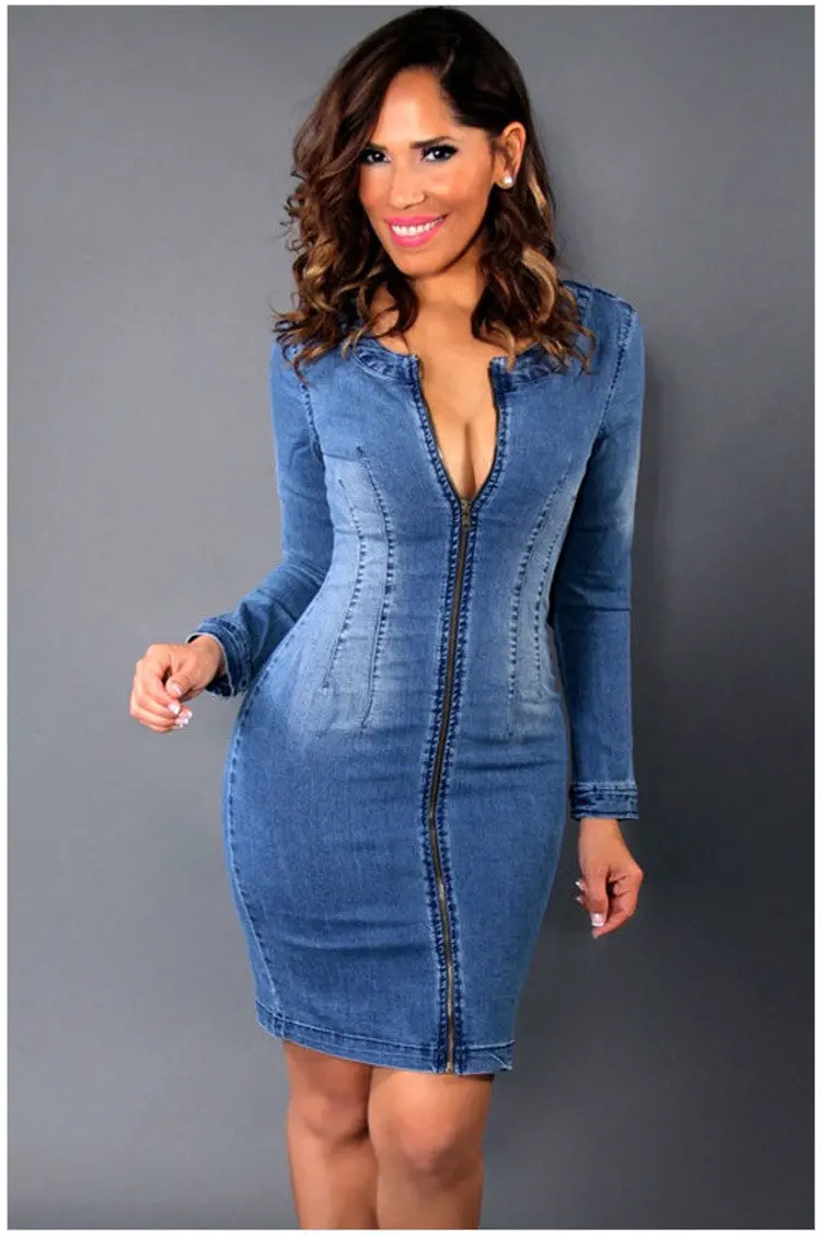Backless Bodycon Denim Dress Pencil Jeans Sexy Dress Long Sleeve Ladies Blue Dress Clothing 1