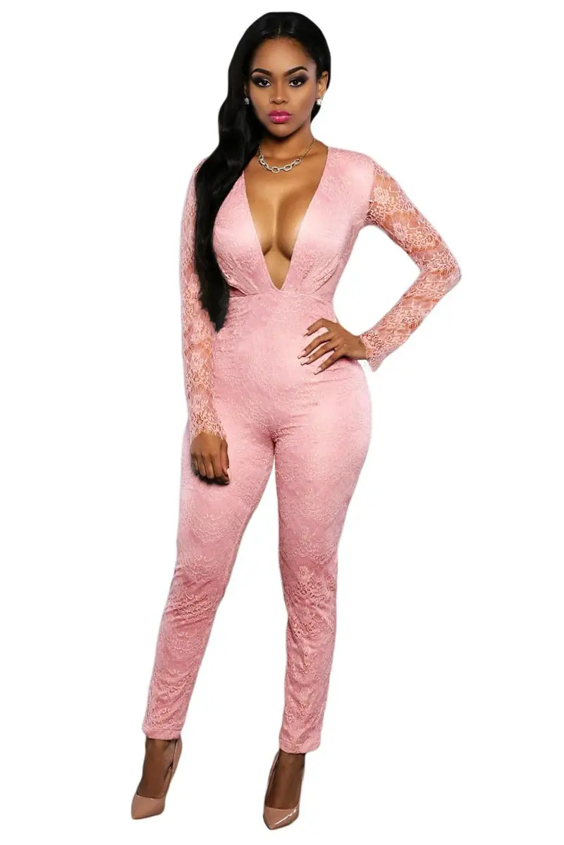 Backless Lace Long Sleeve Jumpsuit Long Pants Sexy Bodycon Jumpsuit Club Deep V Sexy Jumpsuit Rompers For Overalls 1
