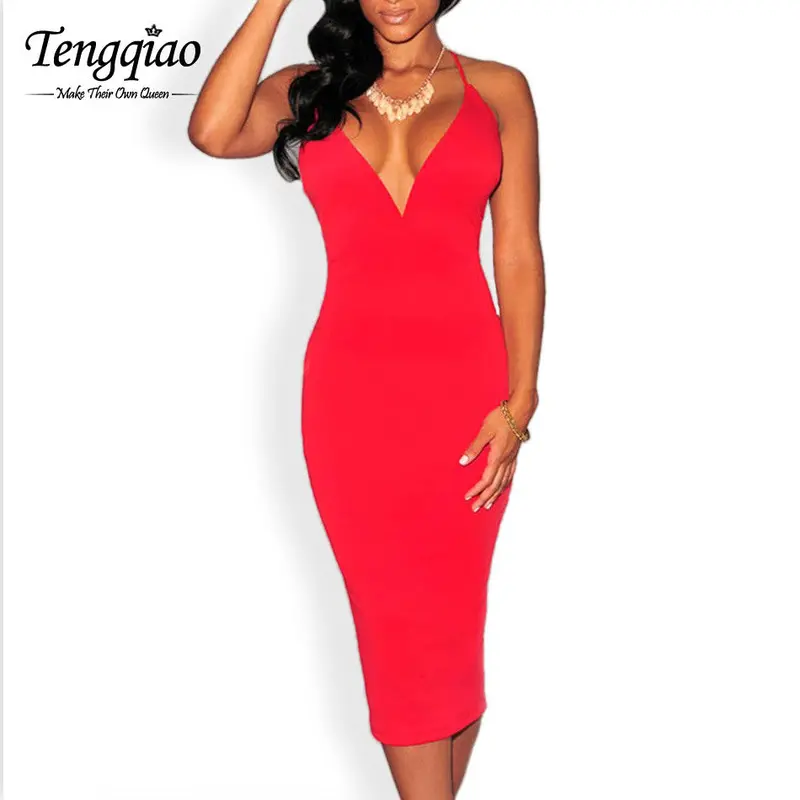 Backless Sexy Bodycon Dresses Clubwear Sleeveless Red Party Dresses Deep V Neck Sexy Dress Club Wear 2