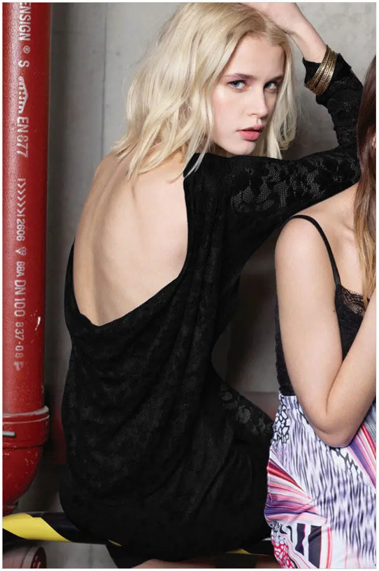 Backless Short Black Lace Long Sleeve Dress Skin Tight Black Mini Dress Hollow Out Tight Dresses Long Sleeves 2