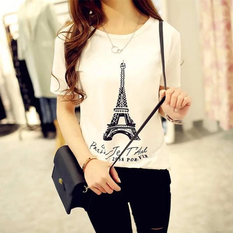 Basic White Tees Women Tower Printing Round Neck Short Sleeve Tshirt For Women Tops 1