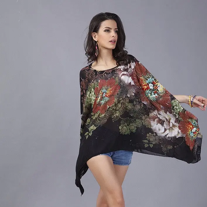 Bathing Suit Cover Uplong Sleeve Chiffon Blouse Bikini Swimwear Sexy Beachwear Floral Printed Tops Shirts 1