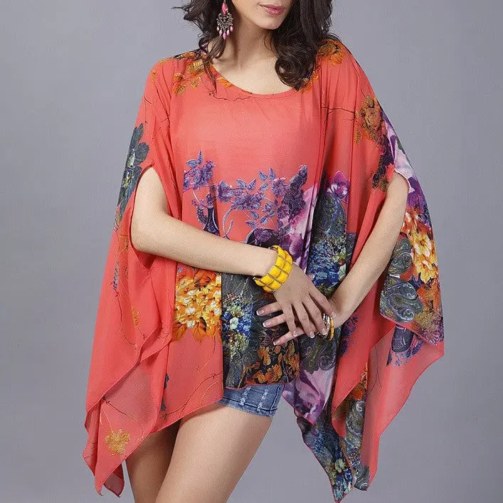 Bathing Suit Cover Uplong Sleeve Chiffon Blouse Bikini Swimwear Sexy Beachwear Floral Printed Tops Shirts 4