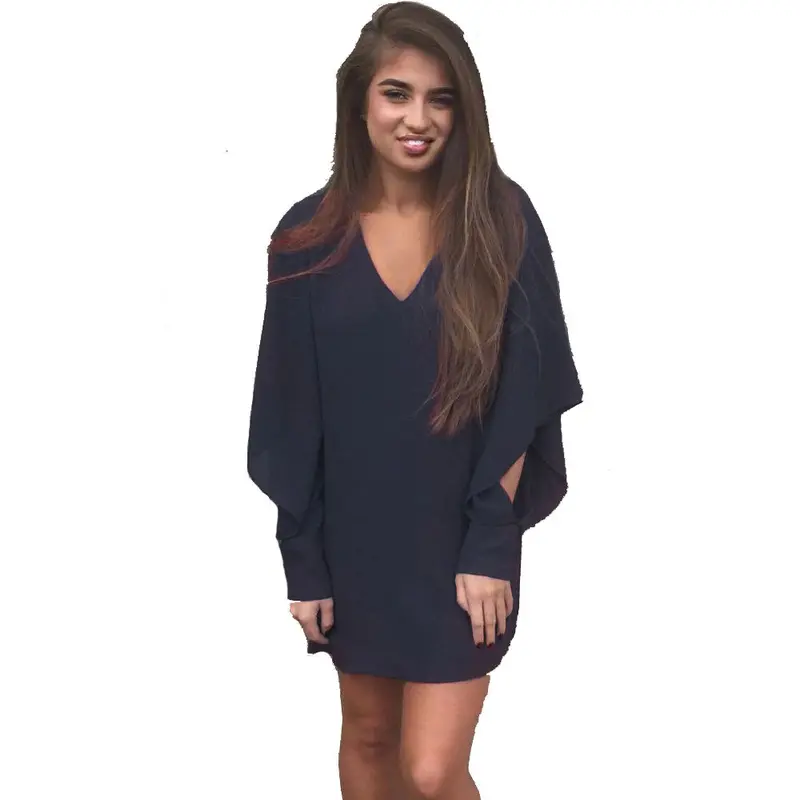 Batwing Long Sleeve Chiffon Dress Casual Loose V Neck Nightclub Mini Women Dresses Dress Vestidos Plus Size M0425 1