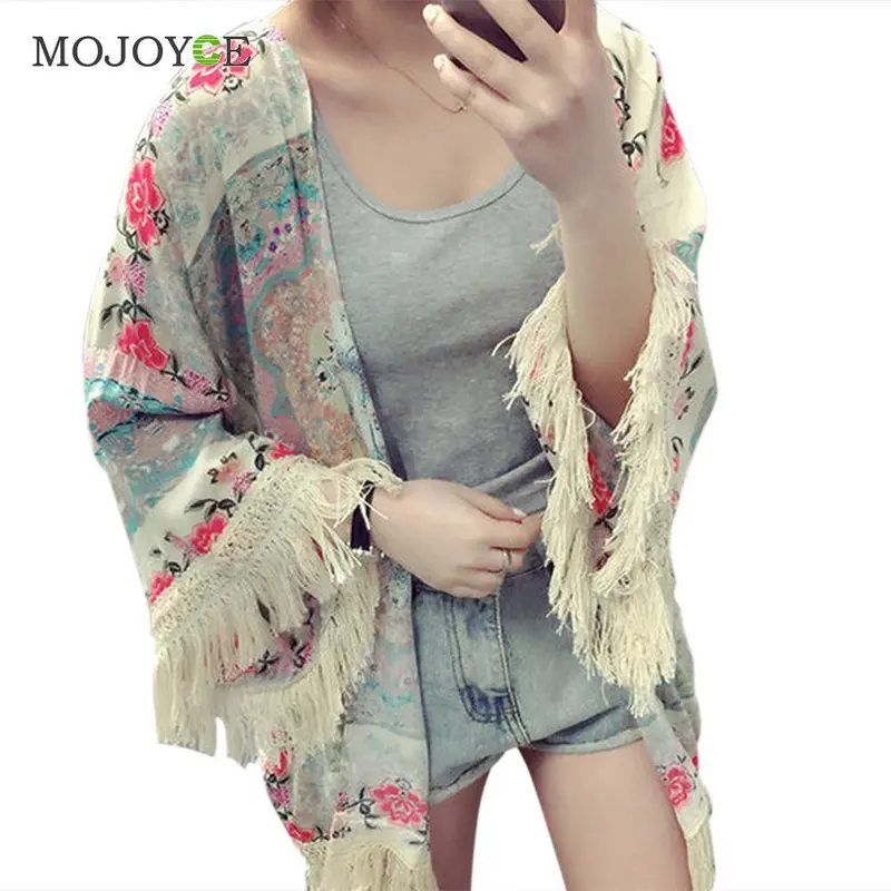 Batwing Sleeve Printed Tassels Kimono Chiffon Blouse Shawl Sun Protection Cover Women Blouses Blusas Feminino Women Tops 1