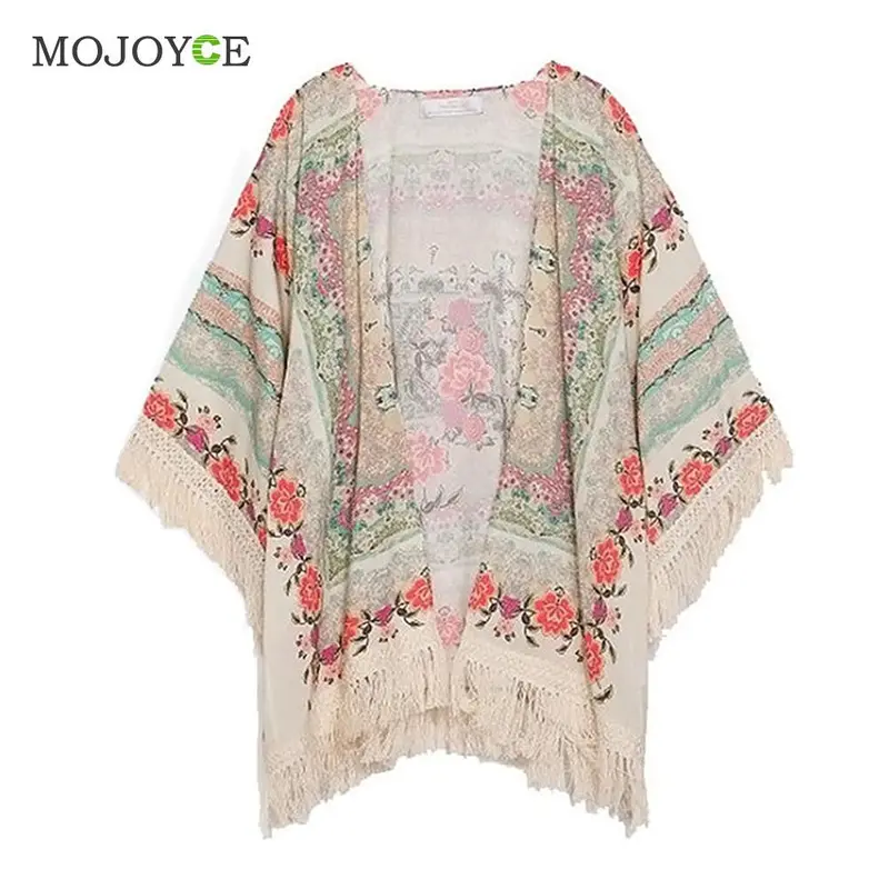 Batwing Sleeve Printed Tassels Kimono Chiffon Blouse Shawl Sun Protection Cover Women Blouses Blusas Feminino Women Tops 2