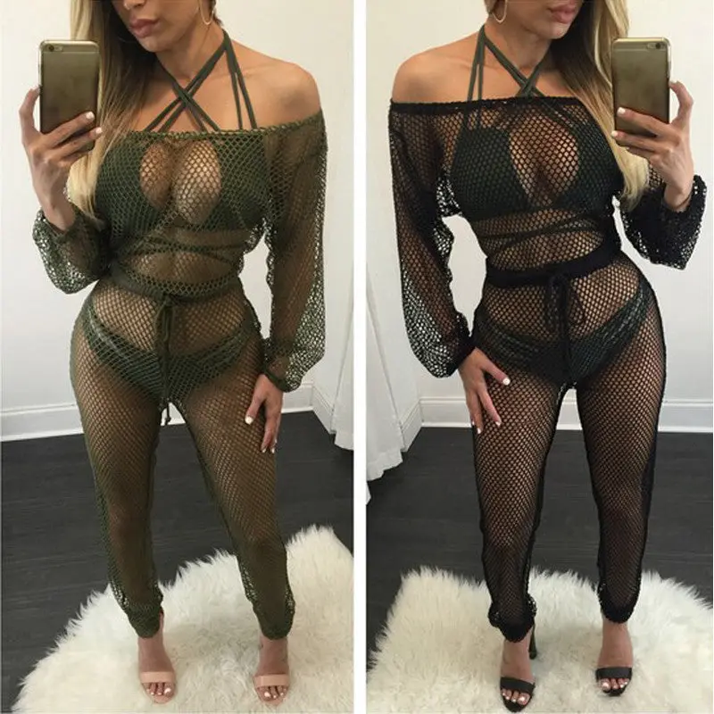Beach Cover Up Sexy Mesh Jumpsuit Off Shoulder Hollow Women Jumpsuit Bikini Cover Up Black White Green Sheer Cover Ups 2