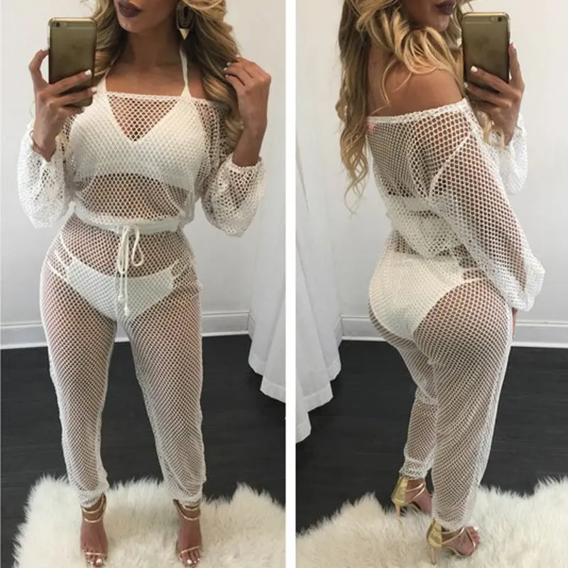 Beach Cover Up Sexy Mesh Jumpsuit Off Shoulder Hollow Women Jumpsuit Bikini Cover Up Black White Green Sheer Cover Ups 3