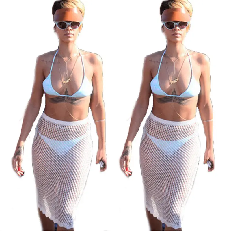 Beach Cover Up Skirt Swimwear Mesh Hollow Out Sexy Bathing Suit Cover Up Womens White Bikini Cover Up Beachwear Skirt Women 2