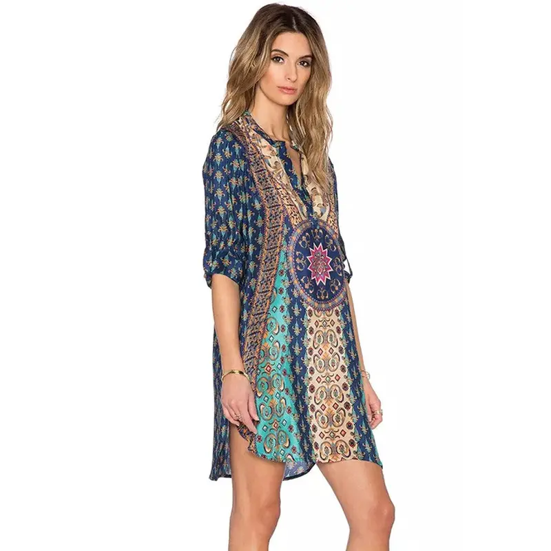 Beach Dress Plus Size Women Dress Splice Print Ethnic Style Sexy Dresses Vintage Vestidos Femininos 2