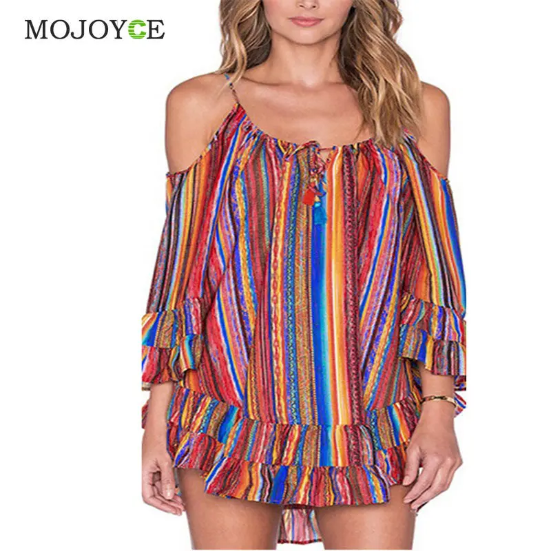 Beach Dress Rainbow Multicolor Ruffles Chiffon Dress Off The Shoulder Spaghetti Strap Casual Loose Dress Vestidos 1