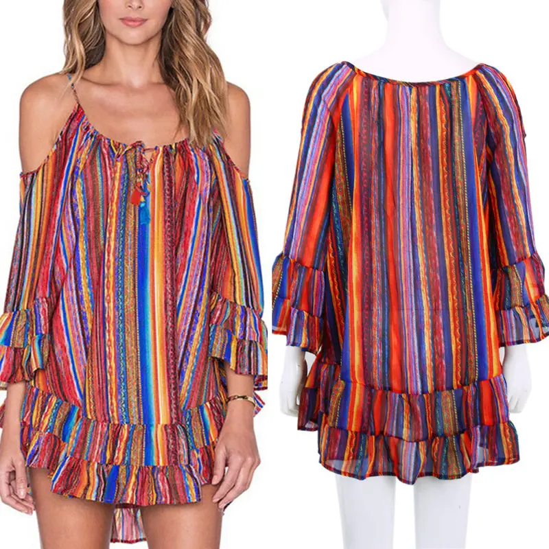 Beach Dress Rainbow Multicolor Ruffles Chiffon Dress Off The Shoulder Spaghetti Strap Casual Loose Dress Vestidos 2