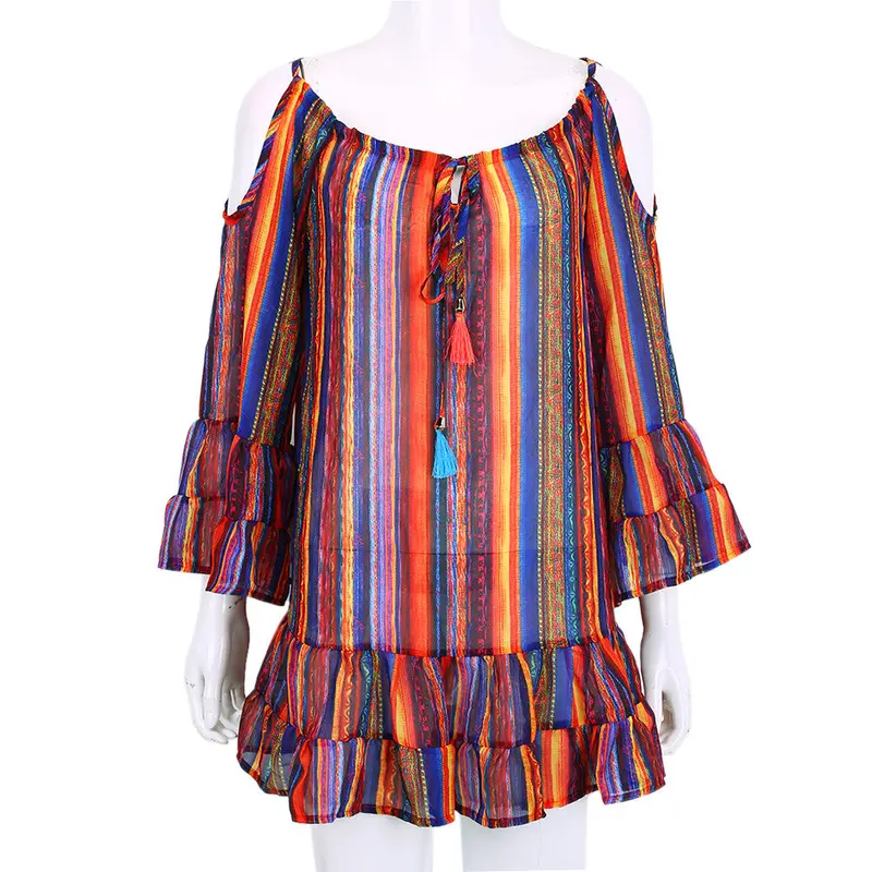Beach Dress Rainbow Multicolor Ruffles Chiffon Dress Off The Shoulder Spaghetti Strap Casual Loose Dress Vestidos 3