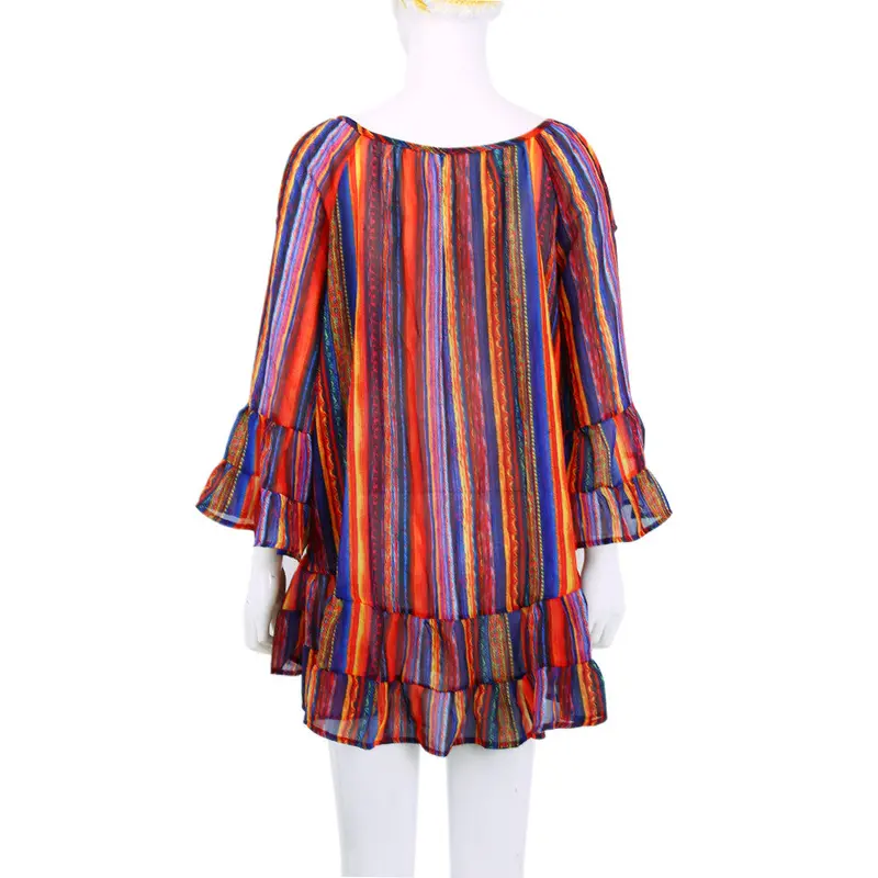Beach Dress Rainbow Multicolor Ruffles Chiffon Dress Off The Shoulder Spaghetti Strap Casual Loose Dress Vestidos 4